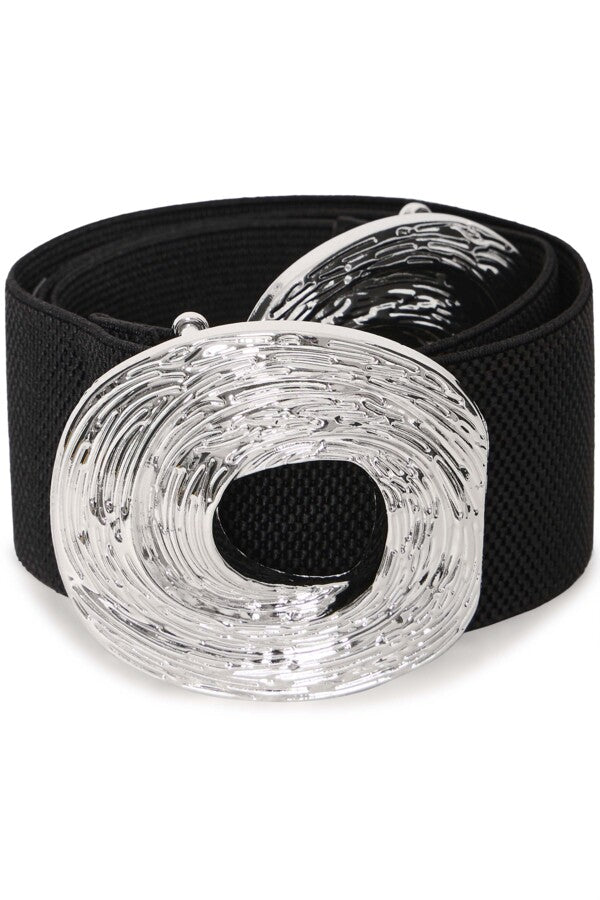Black belt with a clear plastic buckle on a white background