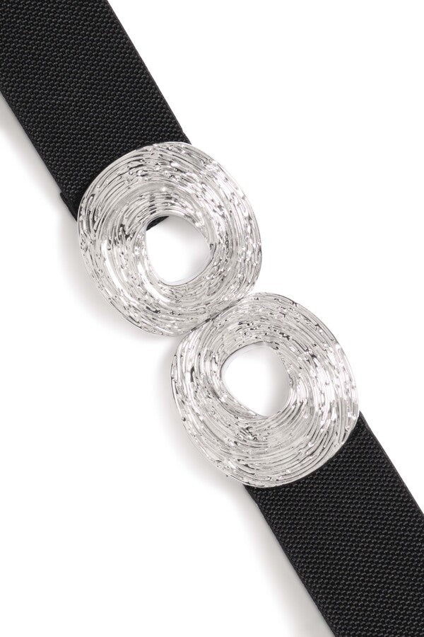 Black belt with silver circular buckles on a white background