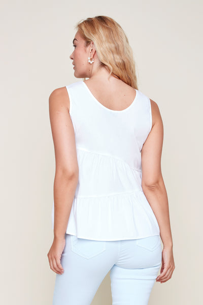 V neck tank features a diagonal tiered design