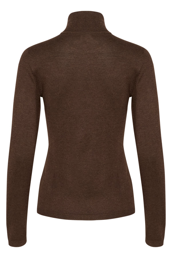 A dark brown long-sleeve turtleneck sweater shown from the back, photographed against a solid white background.