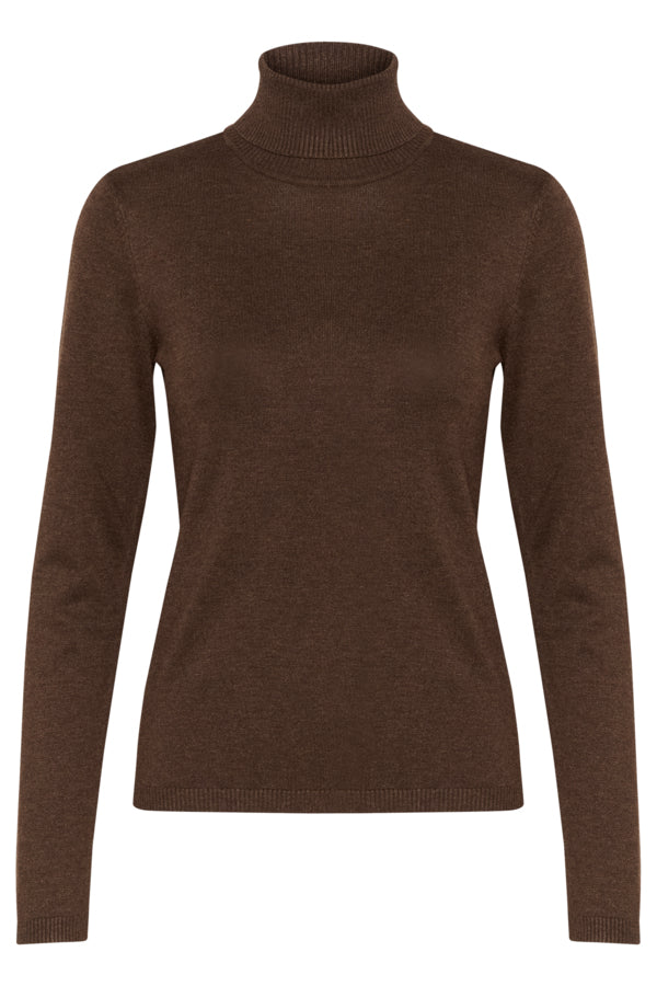 A dark brown ribbed turtleneck sweater with long sleeves, shown on a plain white background.