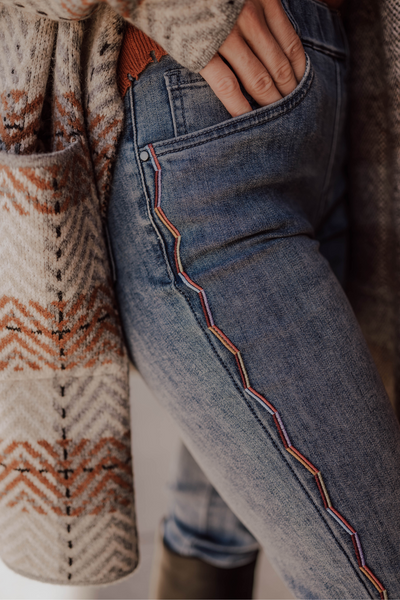 Pull on Slim Leg with Embroidery Side Details (Indigo)
