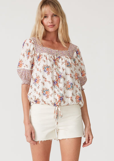 Maggie Floral Puff Sleeve Square Neck Blouse - Natural Purple