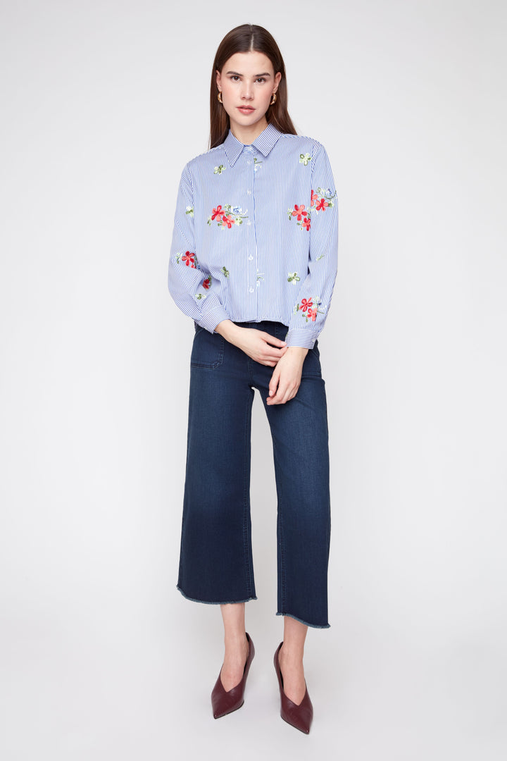 Long Sleeve Floral Blouse - Blue Combo
