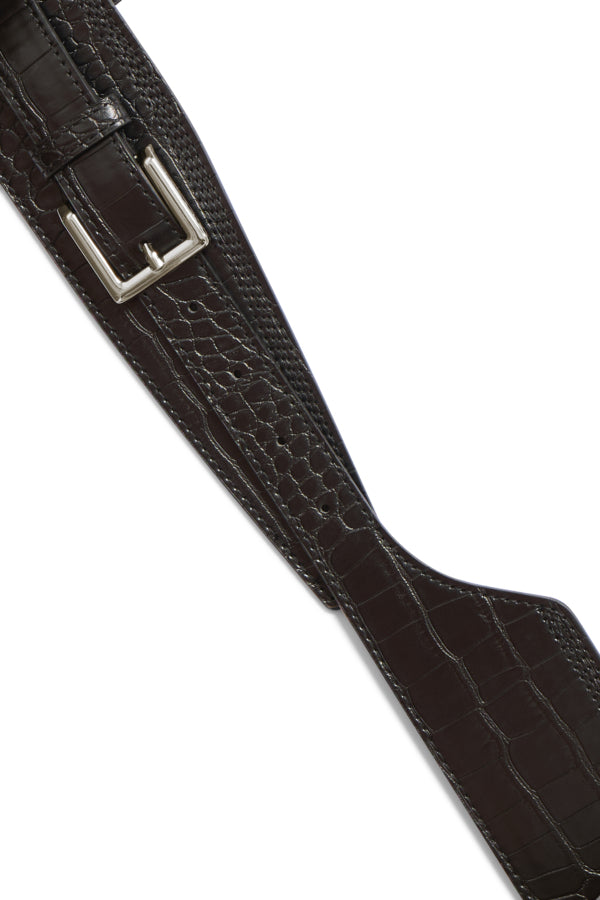 Brown leather belt with silver buckle on a white background