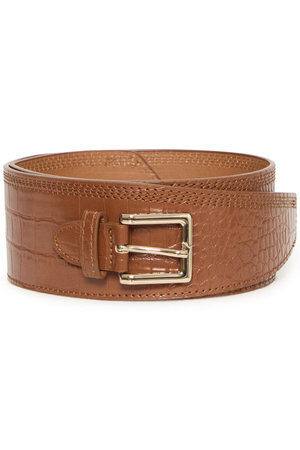 Brown leather belt with a gold buckle on a white background