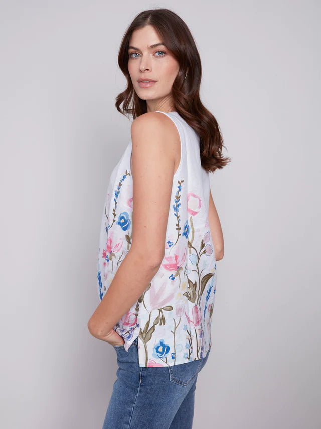 Sleeveless Floral Printed Linen Top - Pastel