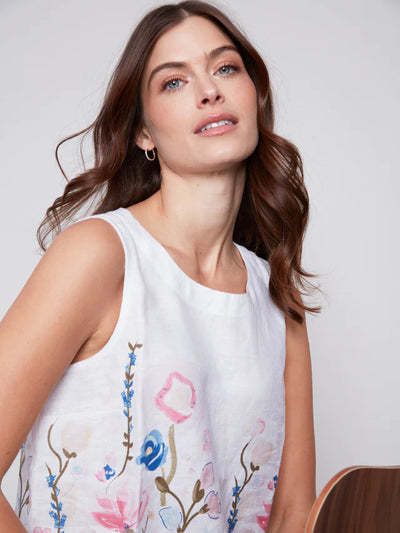 Sleeveless Floral Printed Linen Top - Pastel