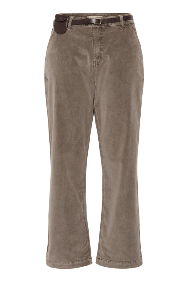 Brown corduroy pants with a belt on a white background
