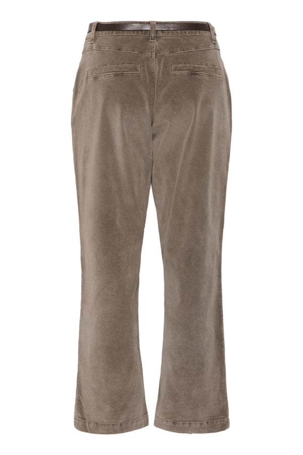 A pair of high-waisted, wide-leg cropped pants in a muted taupe-brown corduroy fabric, shown from the back on a plain white background.