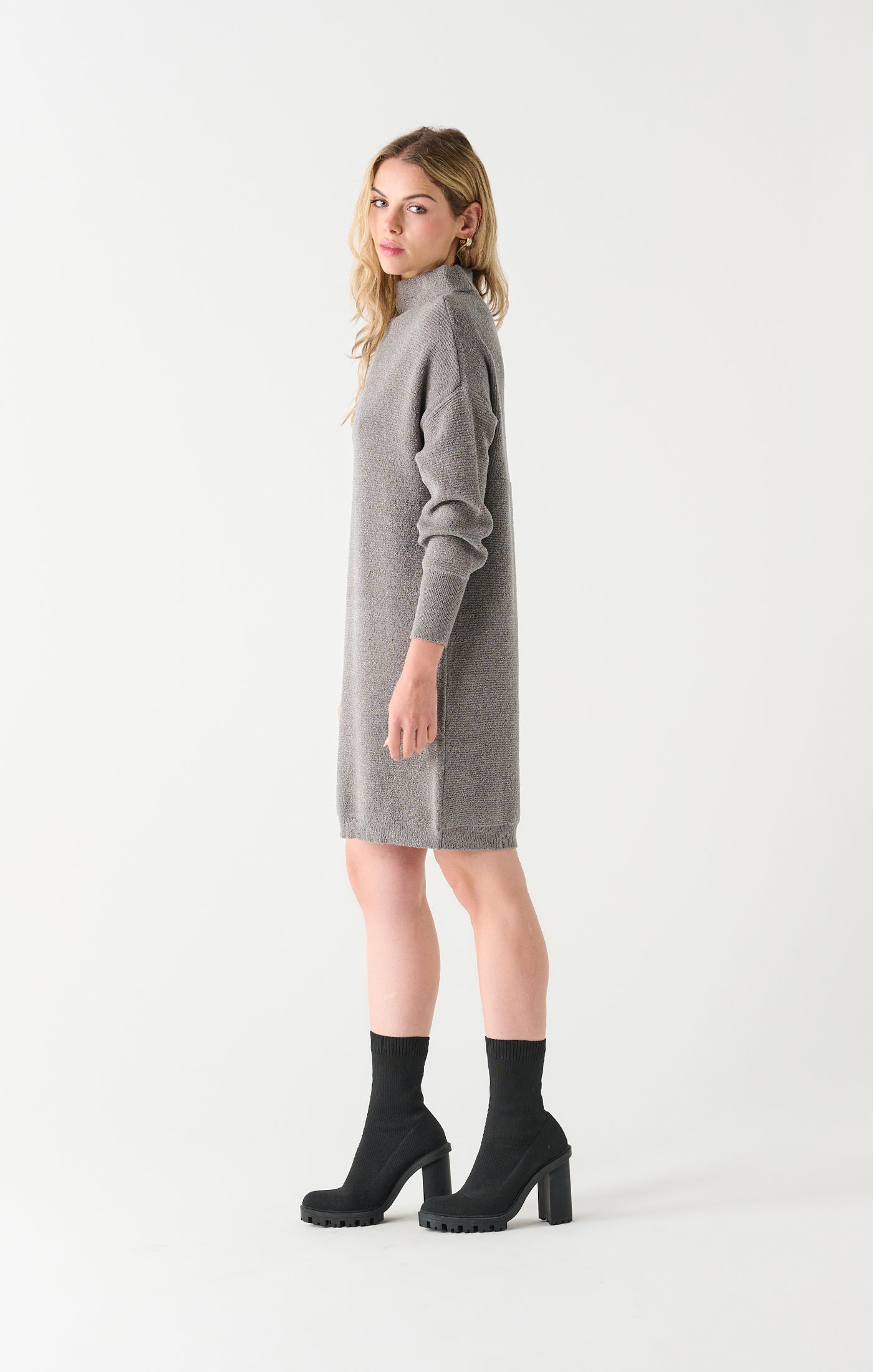Mock Neck Ribbed Knit Sweater Dress (Light Grey Heather)