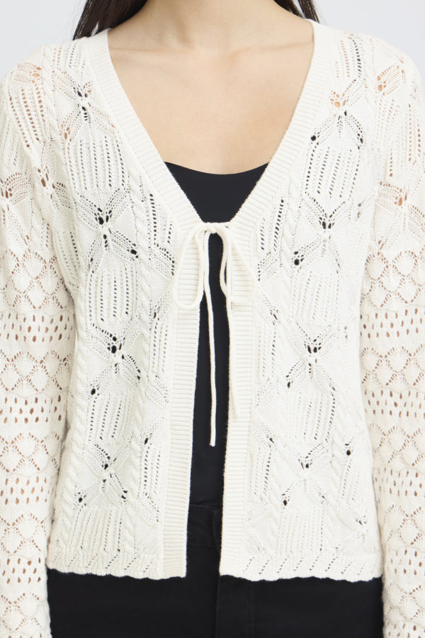 White lace cardigan over a black top on a person