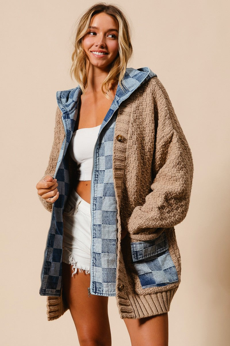 RESTOCKED!! Washed Checker Denim Zip Up Sweater Cardigan - Latte Denim