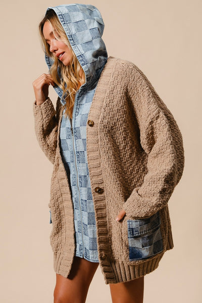 RESTOCKED!! Washed Checker Denim Zip Up Sweater Cardigan - Latte Denim