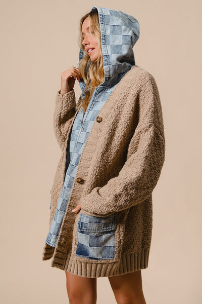 RESTOCKED!! Washed Checker Denim Zip Up Sweater Cardigan - Latte Denim