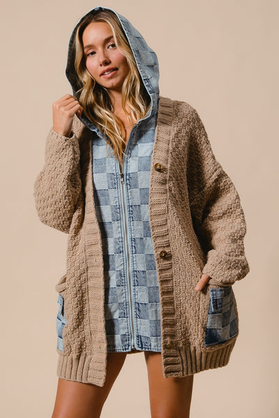 RESTOCKED!! Washed Checker Denim Zip Up Sweater Cardigan - Latte Denim