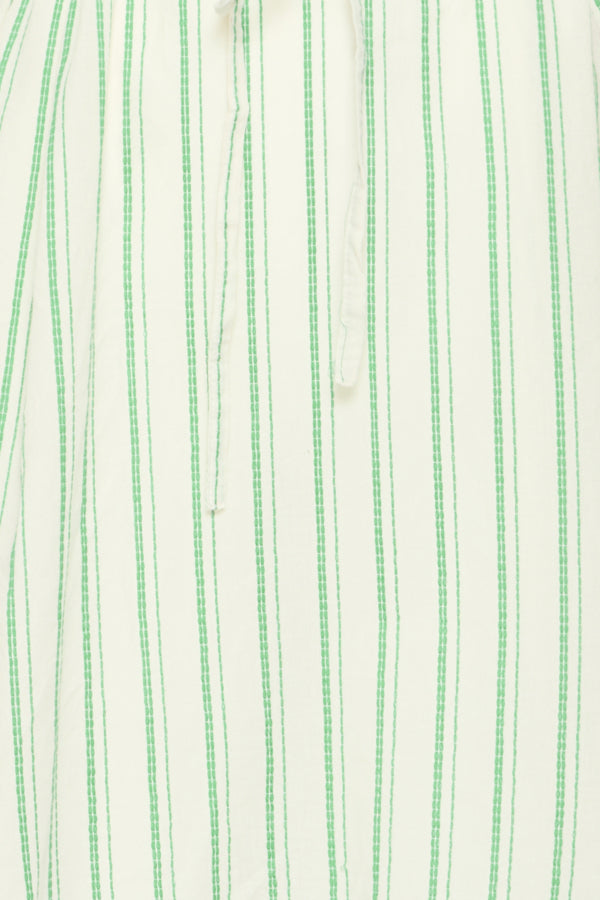 Close-up of fabric with green vertical stripes on a white background