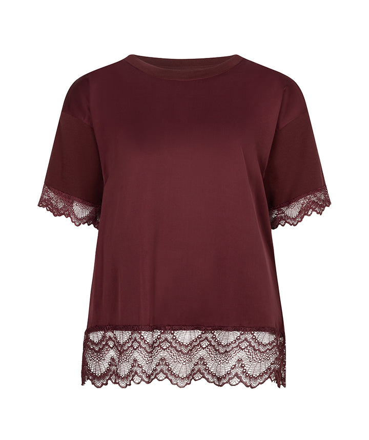 A short-sleeve crewneck top in deep burgundy, featuring sheer mesh sleeves with lace trim at the cuffs and a matching lace hem.