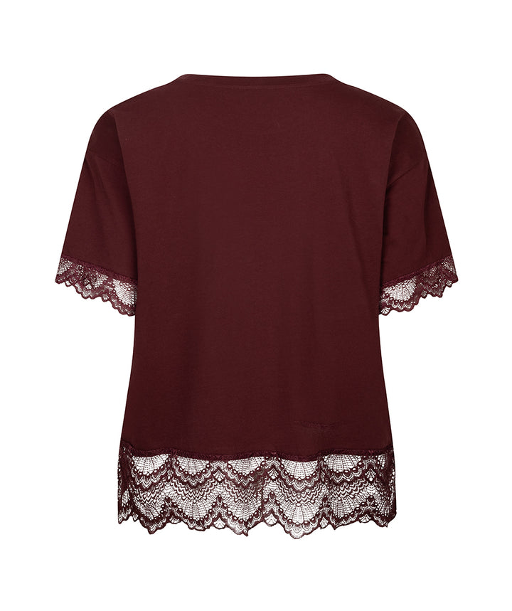 A burgundy short-sleeve top with white lace trim at the cuffs and hem, shown from the back against a plain white background.