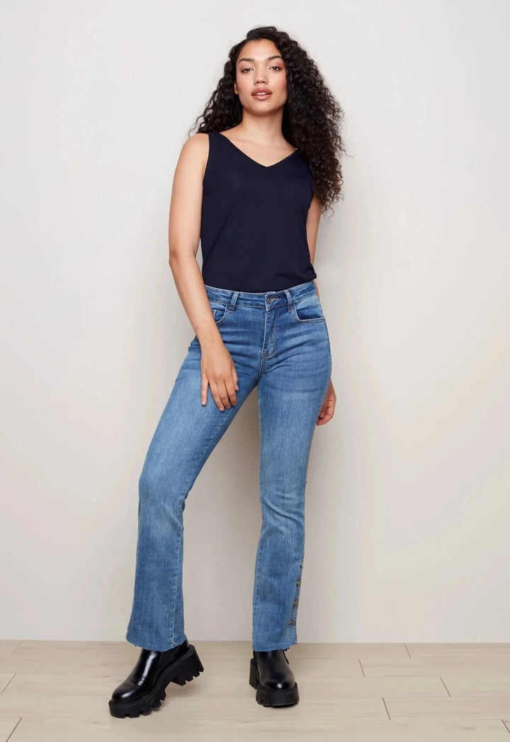 Flare Leg Jean with Bottom Side Buttons - Light Blue