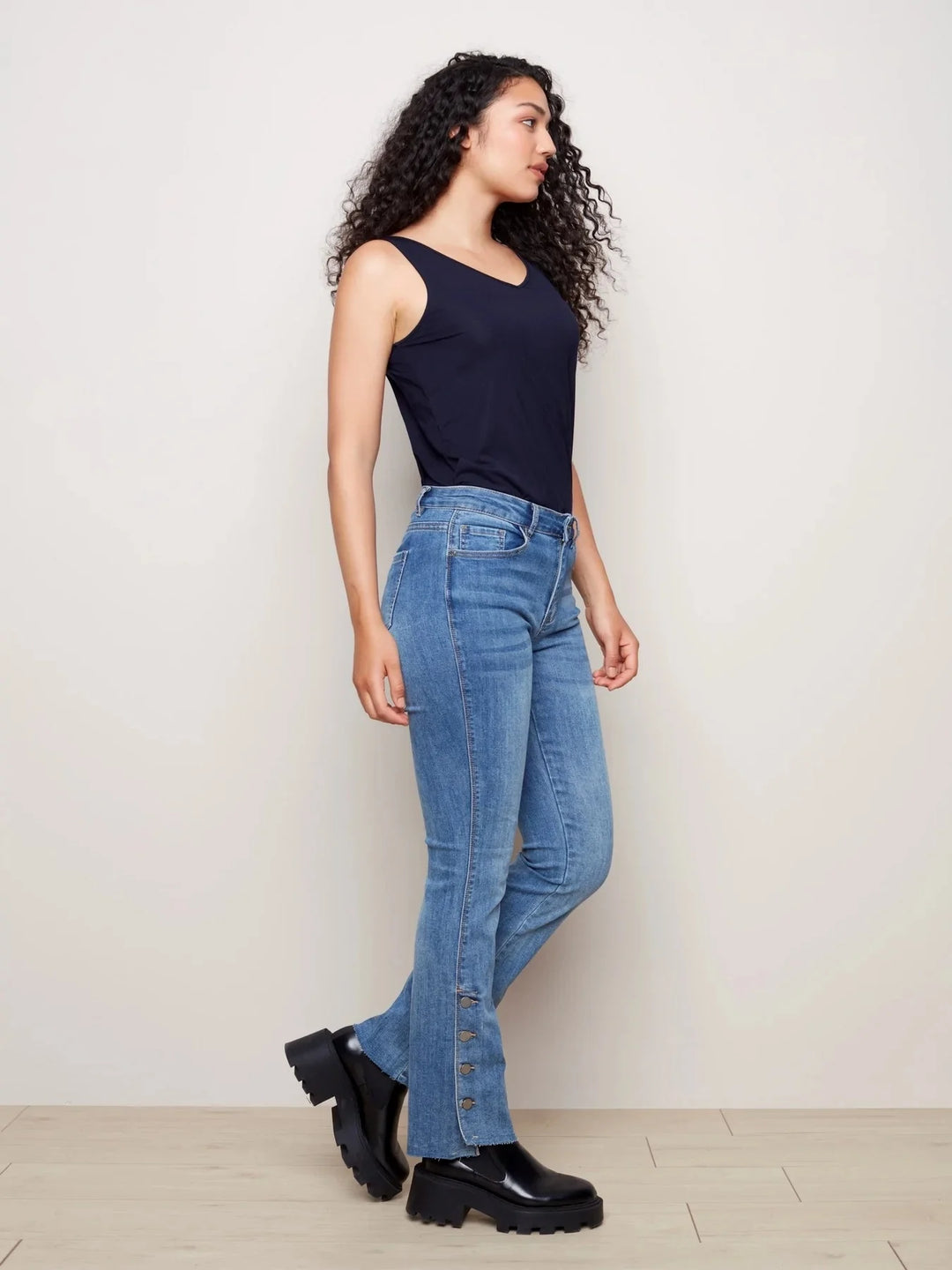 Flare Leg Jean with Bottom Side Buttons - Light Blue
