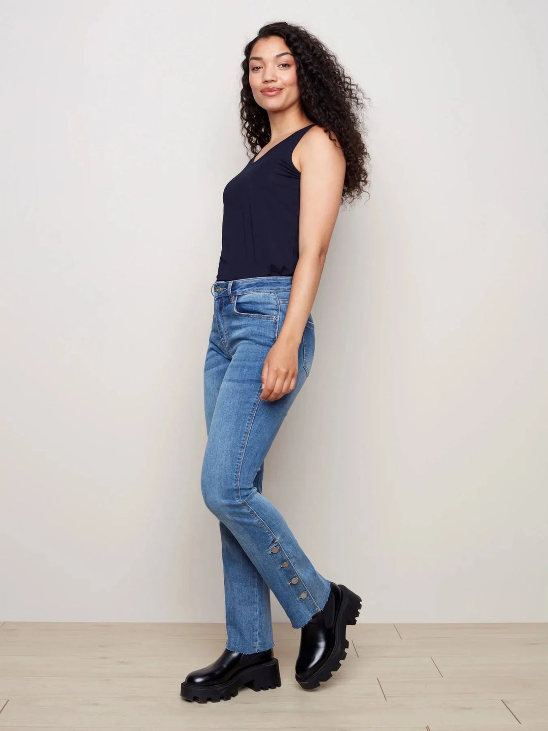 Flare Leg Jean with Bottom Side Buttons - Light Blue