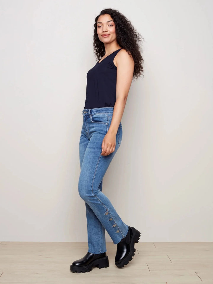 Flare Leg Jean with Bottom Side Buttons - Light Blue