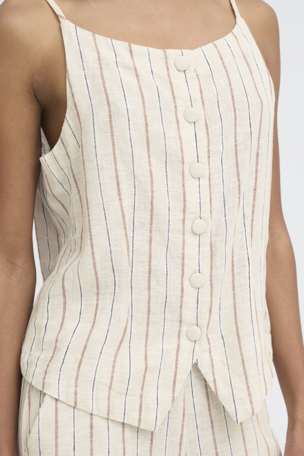 Close-up of a beige sleeveless top with vertical stripes on a white background
