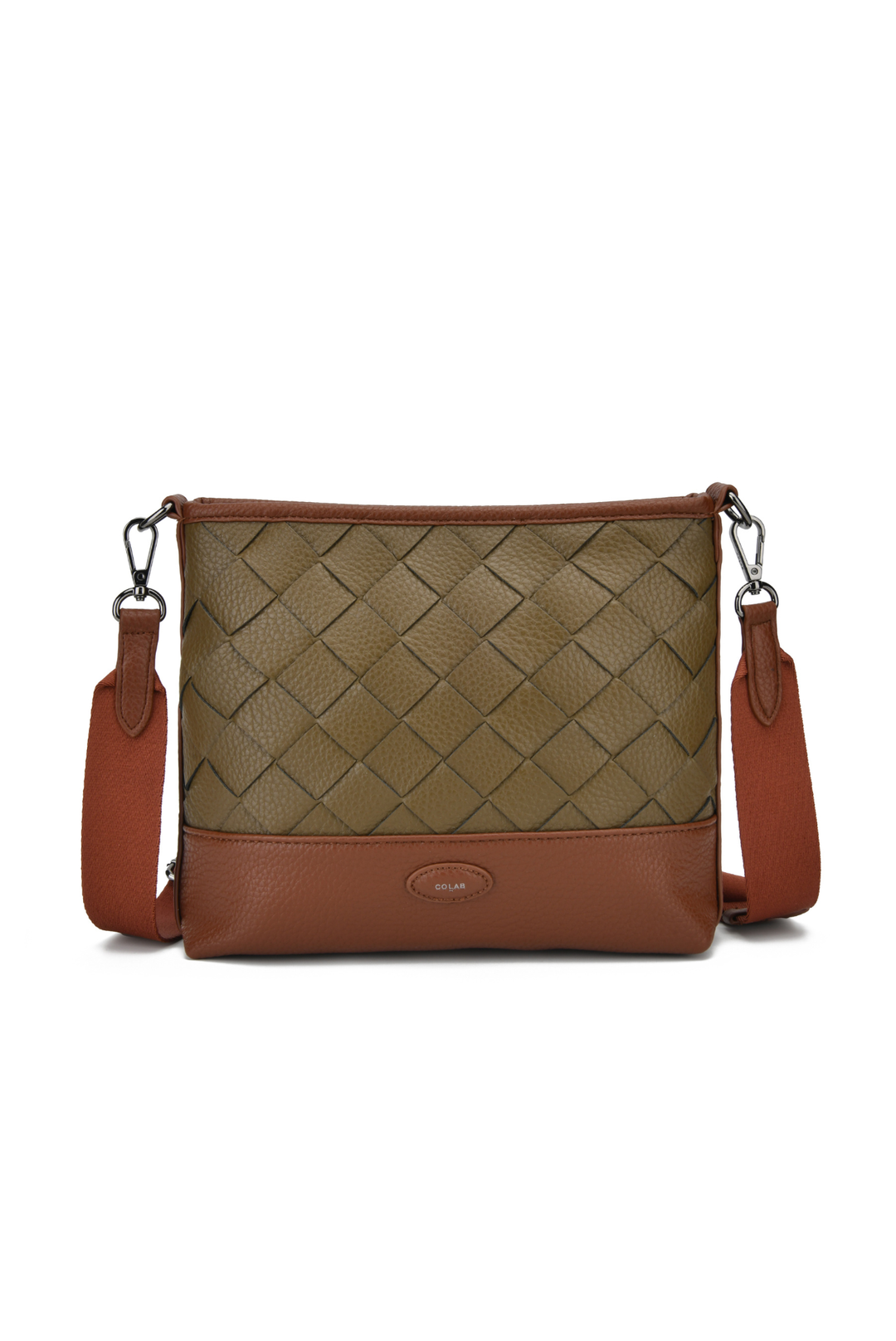 A rectangular leather shoulder bag with a brown woven basketweave pattern on the upper section and smooth brown leather on the bottom and straps, shown against a plain white background.