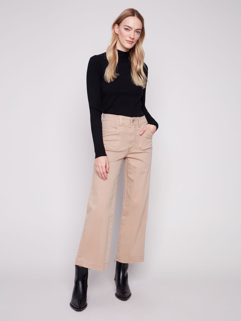 Cropped Wide Leg Twill Pants