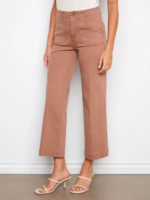 Cropped Wide Leg Stretch Denim Pants with Patch Pockets