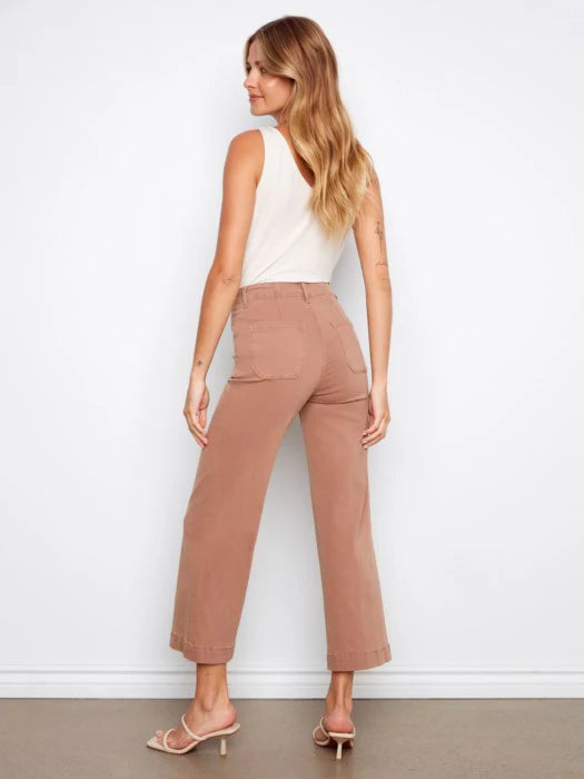 Cropped Wide Leg Stretch Denim Pants with Patch Pockets