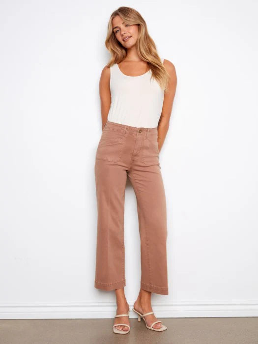 Cropped Wide Leg Stretch Denim Pants with Patch Pockets