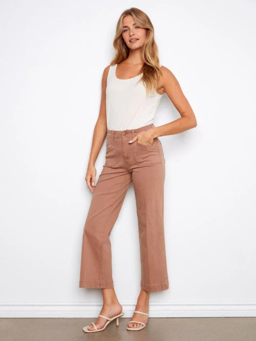 Cropped Wide Leg Stretch Denim Pants with Patch Pockets