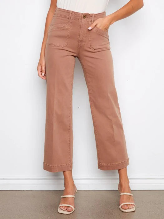 Cropped Wide Leg Stretch Denim Pants with Patch Pockets