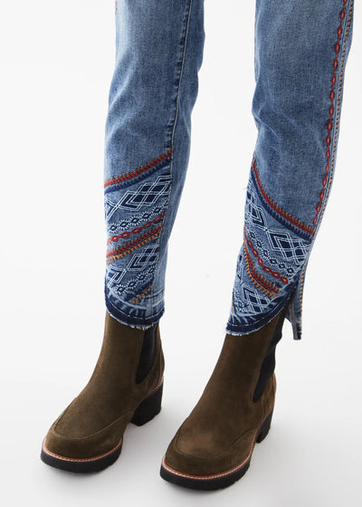 Pull on Slim Ankle Embroidered Jeans (Dark Blue)