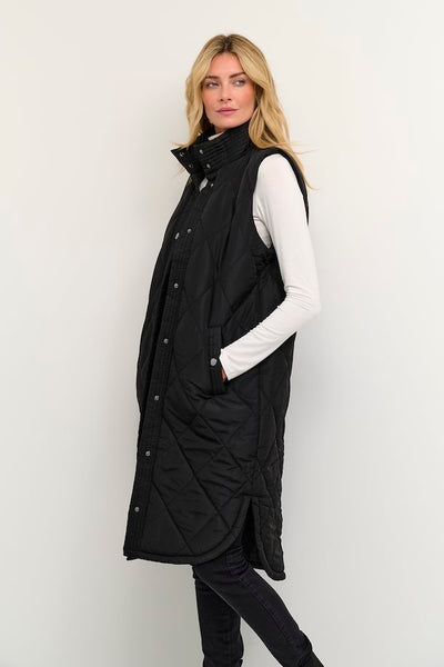 Ameria Long Snap Up Quilted Vest - Black Deep