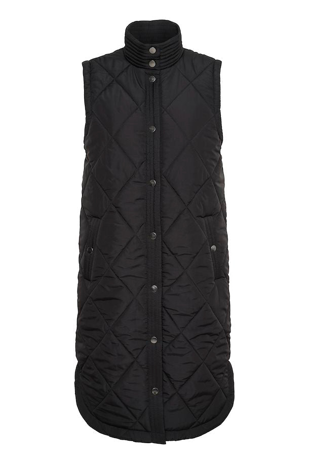 Ameria Long Snap Up Quilted Vest - Black Deep