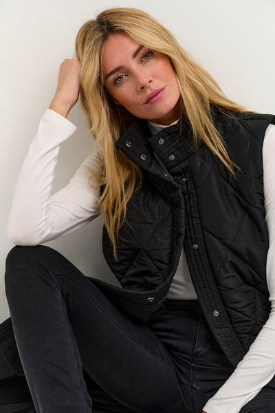 Ameria Long Snap Up Quilted Vest - Black Deep