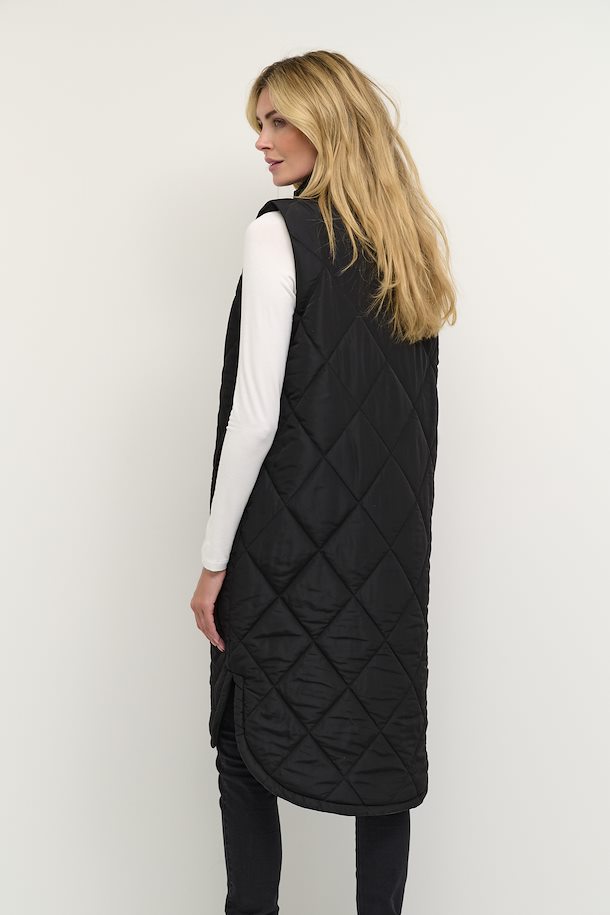 Ameria Long Snap Up Quilted Vest - Black Deep