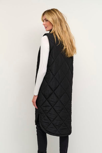 Ameria Long Snap Up Quilted Vest - Black Deep