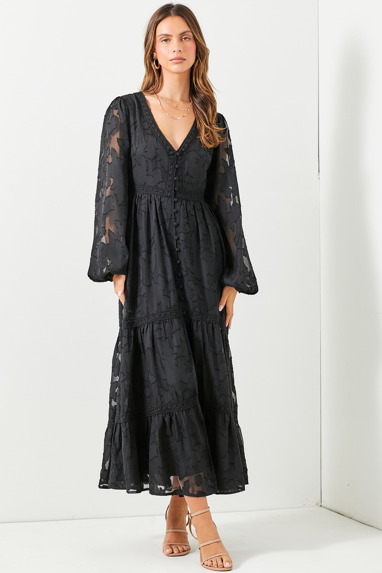 Nicolette Maxi Dress with Buttons - Black