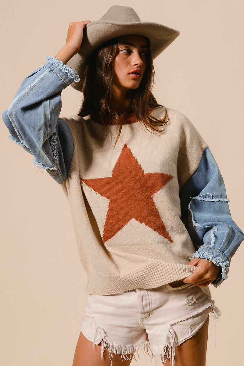 RESTOCKED!! Star Printed Sweater Top with Denim Sleeves - Latte Brown