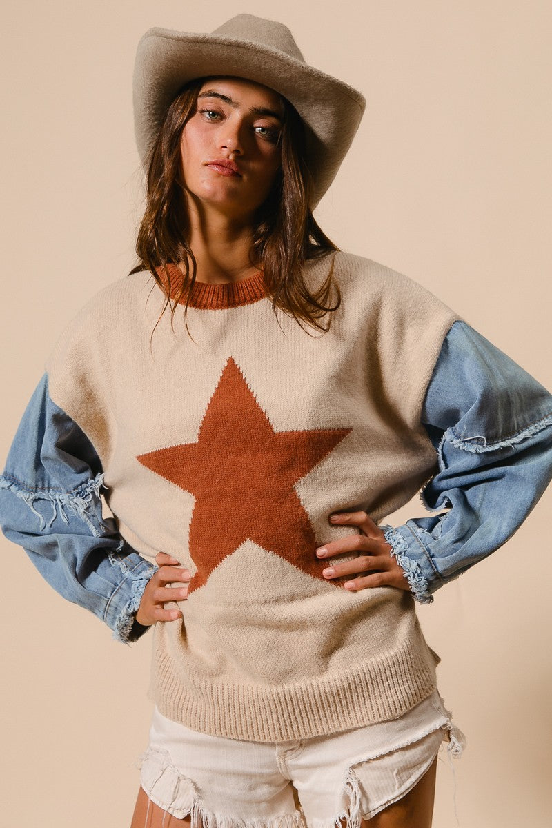 RESTOCKED!! Star Printed Sweater Top with Denim Sleeves - Latte Brown