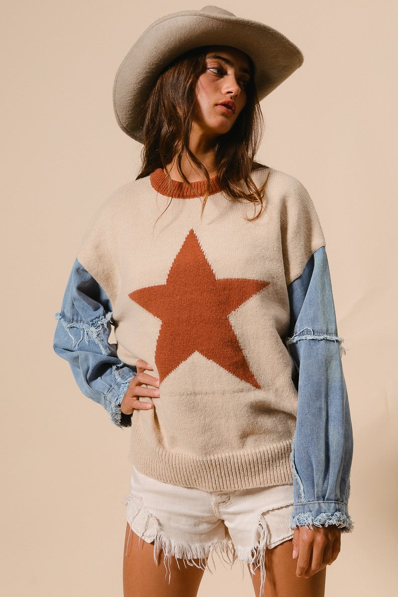 RESTOCKED!! Star Printed Sweater Top with Denim Sleeves - Latte Brown