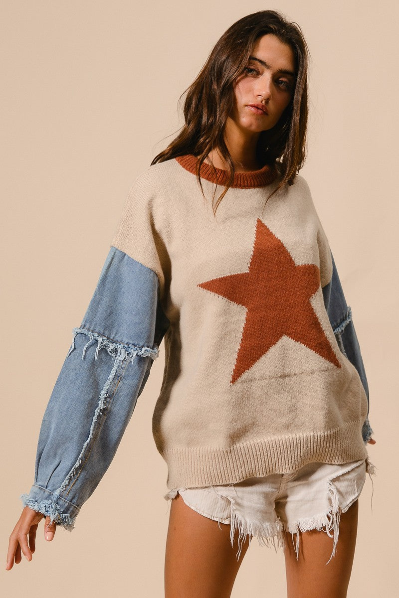 RESTOCKED!! Star Printed Sweater Top with Denim Sleeves - Latte Brown