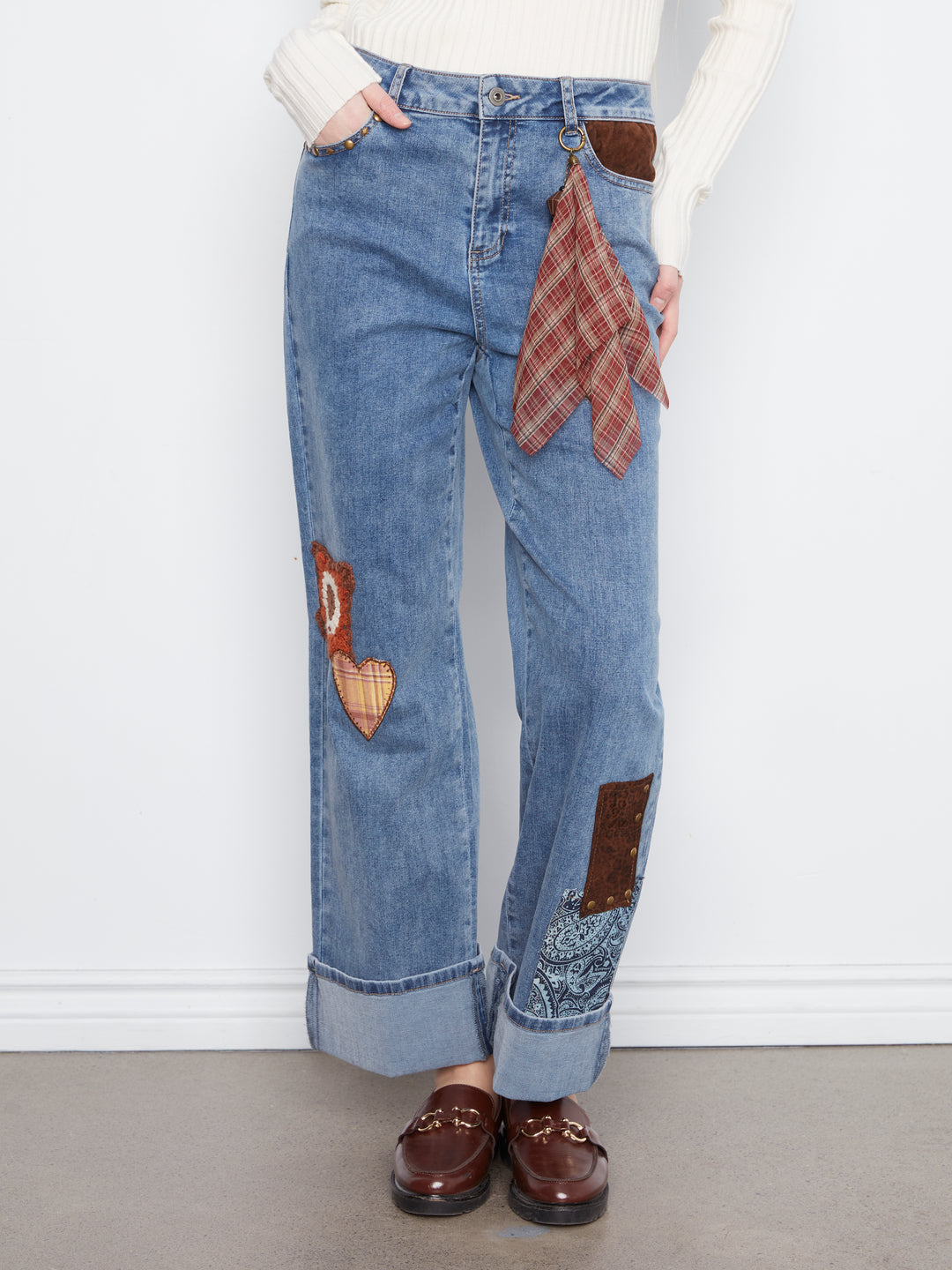 Straight Leg Cuffed Jeans With Patches And Studs - Medium Blue