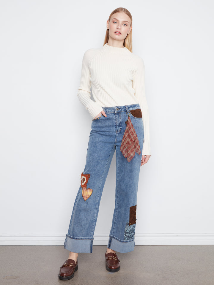 Straight Leg Cuffed Jeans With Patches And Studs - Medium Blue