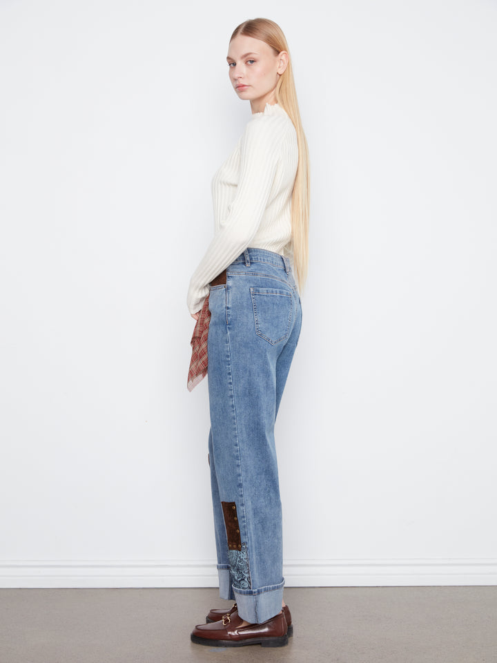 Straight Leg Cuffed Jeans With Patches And Studs - Medium Blue