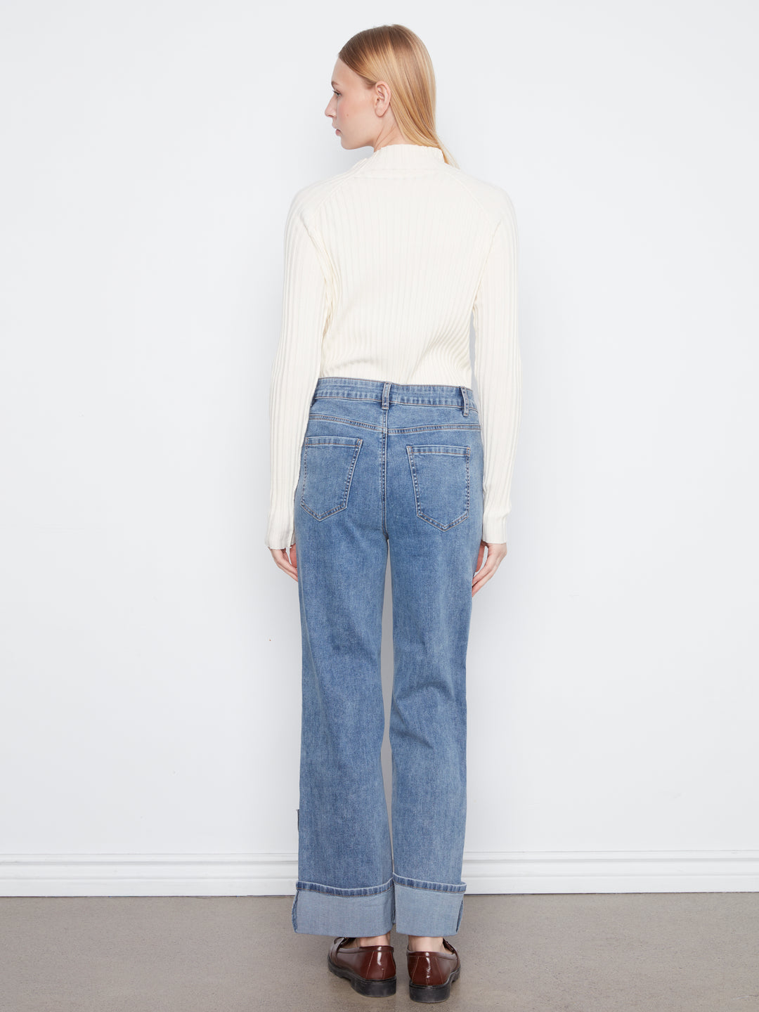 Straight Leg Cuffed Jeans With Patches And Studs - Medium Blue
